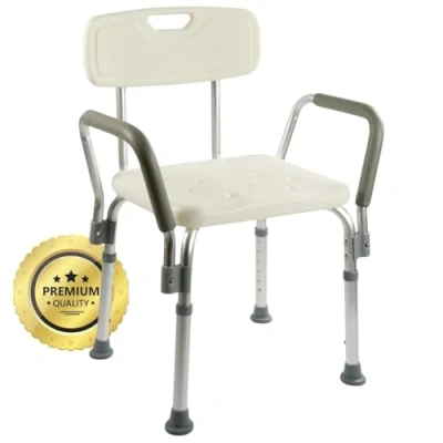 Imagen de OrtoPrime Silla Ducha con Respaldo Extraíble Taburete Baño Ortopédico Adultos y Niños Reposabrazos Acolchados Regulable 6 Alturas Asiento de Aseo Cómodo Seguro