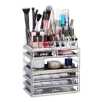 Imagen de Relaxdays Organizador de Maquillaje con 6 Cajones, Acrílico, Dorado, 29 x 23.5 14 cm, Fibra