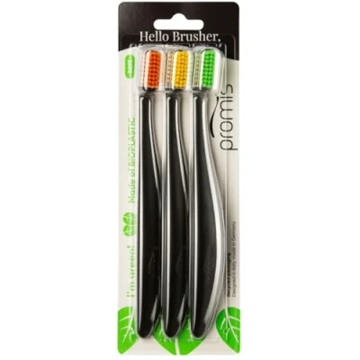 Imagen de promis brush cepillo sostenible fabricado con materias primas renovables bioplástico cerdas suaves de 6750 en Alemania diseño italiano (Triopack, Black Edition)