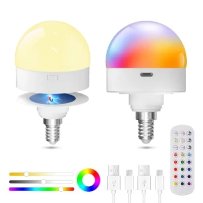 Imagen de TobeBright Bombilla Recagable USB C E14 con Mando, RGB+3 Temperaturas de Color Regulables Bateria Recargable Imán para Iluminación Emergencia, Ambiente, Camping, Luces Nocturnas(2PCS)