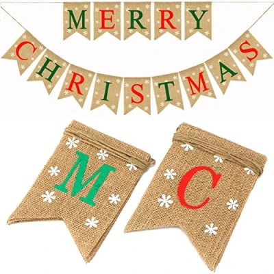 Imagen de G2PLUS 4.8M Merry Christmas Banner,Banderas de la Navidad,Banner Arpillera Tela Vintage Doble Cara, Decoración Elegante Lamentable para Navidad