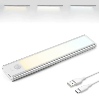 Imagen de Brendz Luz Led Armario Sensor Movimiento, Adhesiva Magnética, Recargables USB C, 3 Temperaturas de Color, Nocturna para Guardarropa, Pasillos, Habitaciones, Garaje, Escaleras, 20cm, Plata