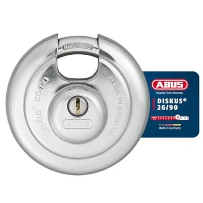 Imagen de ABUS Candado Discus 26/90 resistente a la intemperie con taladro y cilindro protegido contra tirones nivel de seguridad 8 plata