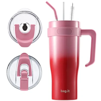 Imagen de vaso con popote y tapa, taza de café viaje acero inoxidable, a prueba fugas, aislado al vacío, botella agua para bebidas calientes heladas (exótico, 30 onzas)