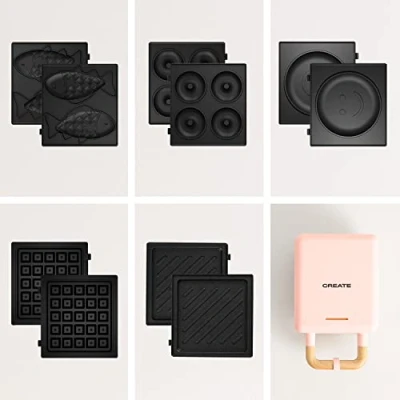 Imagen de CREATE/STONE STUDIO/Sandwichera Grill y gofrera individual rosa / 5 placas intercambiables: Sándwich grill, Gofre, Taiyaki, Tortitas Donuts, antiadherente, apertura 100º, autoapagado, 600W