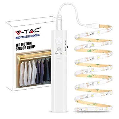 Imagen de V TAC Luz de armario tira LED con sensor movimiento y botón ON OFF 1 metro para iluminar armarios, muebles, camas, escaleras, cocina cálida 200 lúmenes