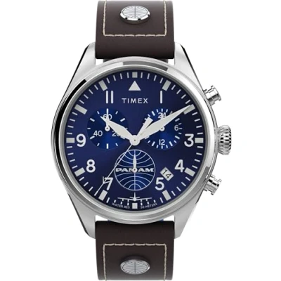 Imagen de Timex Chronograph Reloj de 42 mm para hombre, cuero marrón, esfera azul, caja acero inoxidable TWG030000