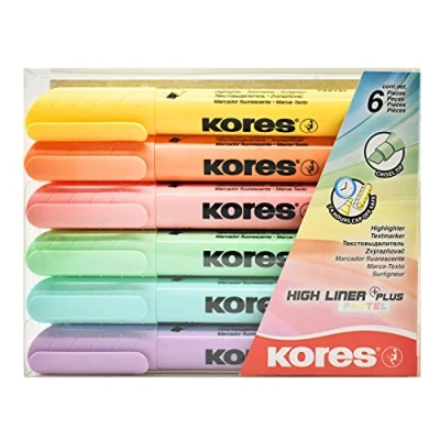 Imagen de Kores High Liner Plus: Rotuladores de colores pastel, punta cincel y tinta a base agua, suministros escolares oficina, juego 6 surtidos