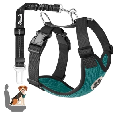 Imagen de SlowTon arnés de Coche para Perro con Correa Conector, multifunción, Ajustable, Doble Tejido Malla Transpirable, Chaleco Viaje cinturón Seguridad