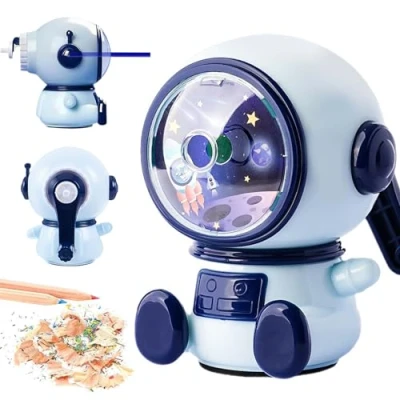 Imagen de sacapuntas de astronauta multifuncional, Dibujos Animados, con manivela, manual, ajustable para oficina y aula infantil (tres niveles ajustables)