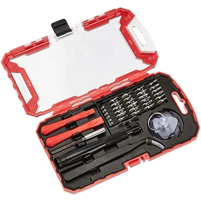 Imagen de Amazon Basics Juego de destornilladores para reparación electrónica 32 piezas, Paquete 1, Negro,rojo