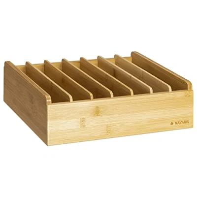 Imagen de Navaris Soporte para tapas de cocina Organizador bambú colocar tapa tupper y fiambreras con 6x separador ajustable 30 x 25 9 cm