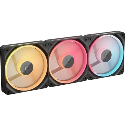 Imagen de CORSAIR iCUE Link LX120 R RGB 120mm Ventilador Inverso PWM Kit de Triple Bajo Nivel Ruido, Cojinete Cúpula Magnética, Lazos Luz Duales, Tornillos QuikTurn™, Cero RPM Negro