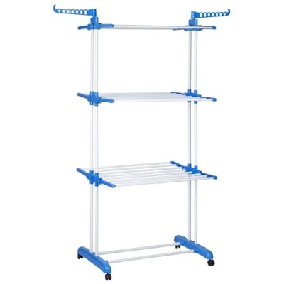 Imagen de T LOVENDO.ES Tendedero Vertical Plegable de Alta Capacidad Ropa 4 Niveles con Barras Acero Inoxidable Dos Alas Laterales Amplio Espacio para Secar. Ruedas Incluidas. Azul.