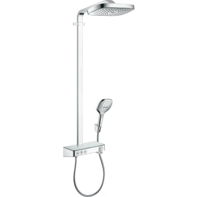 Imagen de hansgrohe Raindance Select E sistema de ducha con termostato, lluvia (300 x 190mm) grifo, mano (3 tipos chorro), flexo, barra, fija rectangular, cromo, 27127000