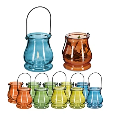 Imagen de Relaxdays Set de 12 Portavelas Cristal, Asa para Colgar, Interior y Exterior, Porta Velas Té, 10 x 8,5 cm, Multicolor