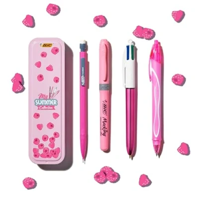 Imagen de BIC Summer Pink Box, Estuche metálico Rosa que incluye: Bolígrafo de Gel Punta Media (0.7.mm), 4 Colores (1.00.mm), Portaminas, Subrayador Rosa. (Paquete 1, Uds dentro)