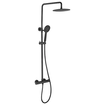Imagen de Ibergrif M21808B Sistema de Columna Ducha Termostática Redonda con Rociador, Alcachofa, Manguera, Barra Ajustable y Soporte, Negro