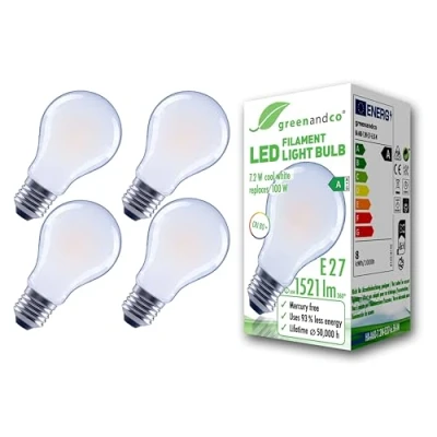 Imagen de greenandco 4x bombilla de filamento LED esmerilado E27 A60 7,2W 1521lm sustituye A 100W 3000K blanco cálido 320 230V sin parpadeo clase energética no regulable