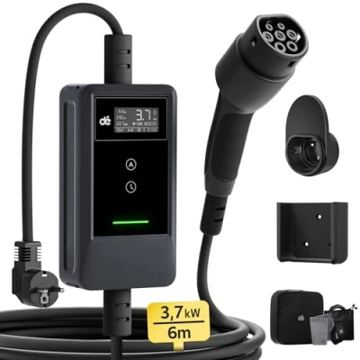 Imagen de dé Cargador Coche Electrico 3,7kW 6m [5,15m+0.85m, 6 16A] Vehiculo Portátil con Soporte de Pared, Pantalla Digital LCD, Controlable para Model Y/3, GLC, A250, Q3 y Otros EV/PHEV