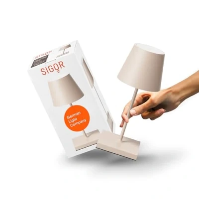Imagen de SIGOR Nuindie Mini Lámpara de mesa LED pequeña regulable para interior y exterior, IP54, resistente a salpicaduras, altura 25 cm, recargable con USB C, 12 horas duración, color beige duna
