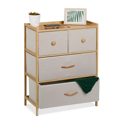 Imagen de Relaxdays Cómoda de Bambú, 4 Cajones Tela, Cajonera Salón, Aparador Dormitorio, 73 x 57,5 30 cm, Natural y Beige