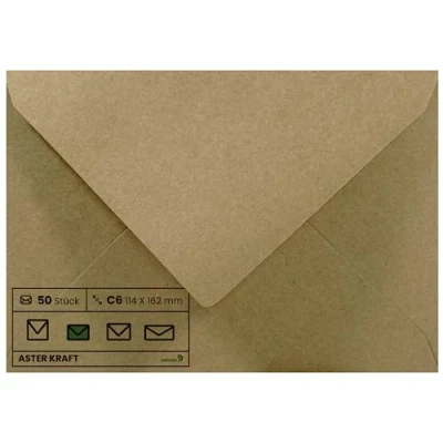 Imagen de Netuno 50x sobres marrones de papel Kraft DIN C6 114x162mm 100g Aster solapa puntiaguda engomada sin ventana ECO reciclados retro para invitaciones boda Navidad tarjetas regalo vales bautizo DIY