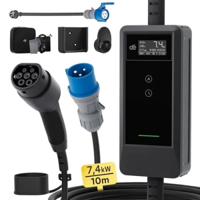 Imagen de Dé cargador de coche eléctrico P17 [7,4 kW, 6 m, A 32 A, 1 fase] tipo 2 P17, EV enchufe CEE compatible con modelo Y, E 208, 500e y otros EV/PHEV