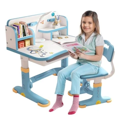 Imagen de joukares juego de escritorio y silla para niños, ergonómica, altura ajustable, sillas mesa estudio escolar con patrón dibujos animados, soporte libros cajón almacenamiento,