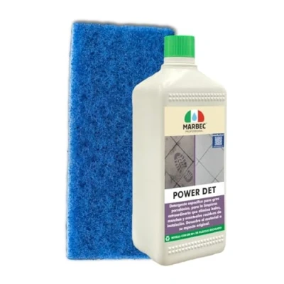 Imagen de MARBEC KIT POWER DET + TAMPONE BLU Limpiador intensivo para la limpieza antimanchas de suelos gres porcelánico. Elimina pátinas, halos, manchas persistentes y suciedad obra