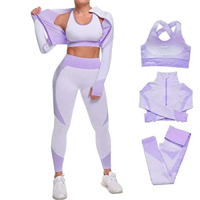 Imagen de Veriliss 3 Piezas Mujer Yoga Traje Entrenamiento Para, Gym Mallas de Sin Costuras y Sujetador Deportivo Elástico Ropa Gimnasio