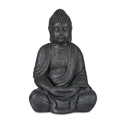 Imagen de Relaxdays Figura Buda Sentado, XL 70 cm, Estatua Budista Vintage Decorativa, Resistente Intemperie y Heladas, Antracita, Polirresina