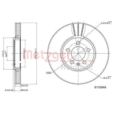 Imagen de METZGER 6110049 Disco de freno Eje delantero 287,8 25 5 100 ventilación interna barnizado, Lijado en cruz con tornillos SEAT: Ibiza 4 Sportcoupe