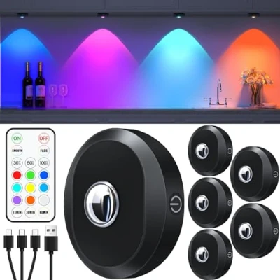 Imagen de WILLED Luces LED Vitrina Rgb Recargables con Control Remoto, Luz Armario Debajo Del Gabinete que Cambia de Color, Foco Inalambrico, Nocturna Función Temporización (paquete 6)