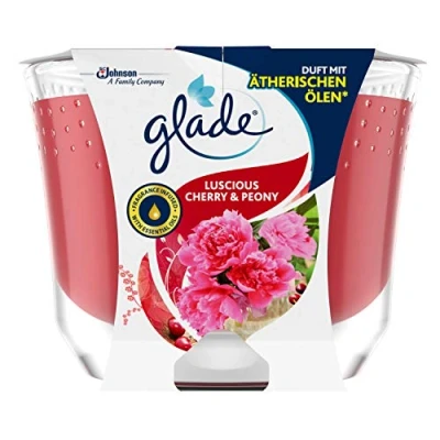 Imagen de Glade Brise Cherry and Peony Vela aromática de larga duración en vaso cristal (aroma cerezas y peonía, hasta 39 horas combustión, 1 x 224 g)