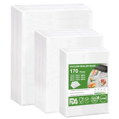 Imagen de Omtofo 170 Bolsas Vacio Alimentos 15x25cm(50) + 20x30cm(70) 28x40cm(50), Bolsa gofrada envasado al Sin BPA, para Conservación de y Sous Vide Cocina &amp; Boilable Envasar