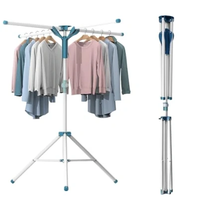 Imagen de RERORUNG Tendedero Perchas Plegable, Tripode Plegable con 4 Alas, Perchero Telescopico Extensible 110 180cm de Altura, Pie Vertical para Interiores y Exteriores Azul