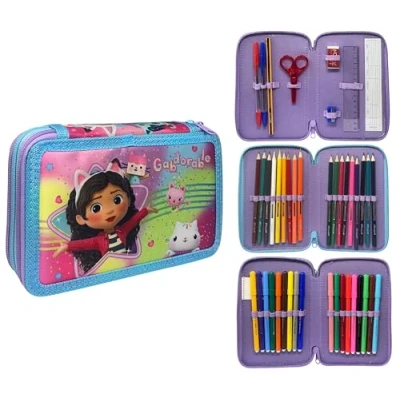 Imagen de CARTOON Estuche de 3 cremalleras completo 44 piezas para la escuela, multicompartimento, bolígrafos, lápices, colores, rotuladores Giotto, Gabby&#039;s Dollhouse, Moderno