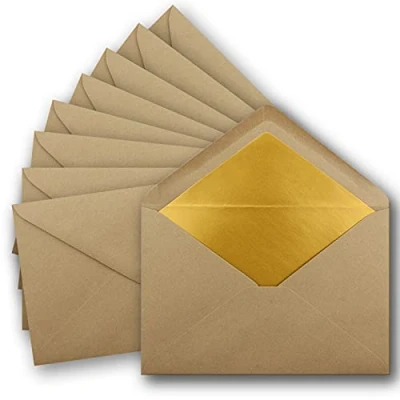 Imagen de 25 sobres DIN C5, 15,7 x 22,5 cm, de papel kraft en color marrón arena con forro seda dorado, pegado húmedo, blanco reciclado, serie Umwelt