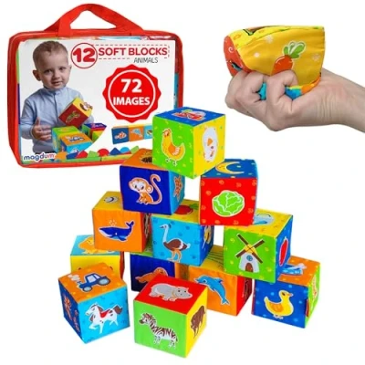 Imagen de MACIK 12 Bloques blandos para niños Granja + ZOO Mar Juguetes apilar bebés desarrollo Juego cubos de motricidad fina suaves 6 meses bebé educativos 18