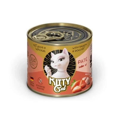 Imagen de KITTY Cat Paté Salmon &amp; Bird 6 x 200 g Comida húmeda para Gatos, sin Cereales, alimento Gatos con taurina, Aceite de salmón y mejillón Labios Verdes, pienso Completo Alto Porcentaje