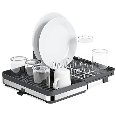 Imagen de JUPPLIES Escurreplatos Plegable De Acero Inoxidable con Soporte para Cubiertos Extraible Escurridor Platos Fregadero Drenado al Fregadero, Diseño Moderno, Escurre Negro.