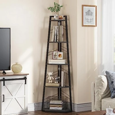 Imagen de YITAHOME estantería de estilo industrial con 5 niveles, esquinera moderna e independiente, estante abierto para sala estar, pasillo, oficina en casa, rústico, negro libros