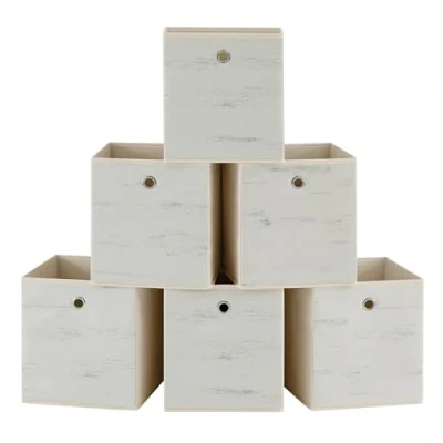 Imagen de SONGMICS Caja Almacenaje, Juego de 6 Cajas Almacenamiento con Asa, Organizadora Tela Oxford y no Tejida, 26 x 28 cm, Ajustable, Plegable, Blanco Vintage RFB126W01