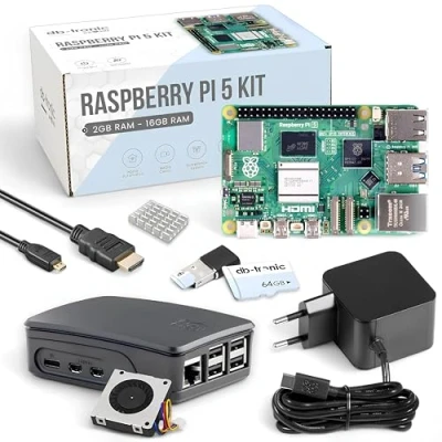 Imagen de Raspberry Pi 5 8GB Starter Kit Black Fuente de alimentación USB C 27 W Carcasa con ventilador 64 GB microSD Cable Micro HDMI 4K 1 m / 8 RAM