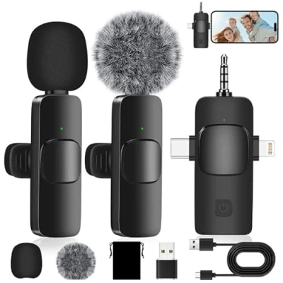 Imagen de Farerkass Microfono Inalambrico para iPhone/Android/PC/Laptop, Plug Play Micrófono Inalámbrico con Parabrisas de Felpa y Esponja, Solapa, Wireless Microphone Youtube, TikTok, Vlog