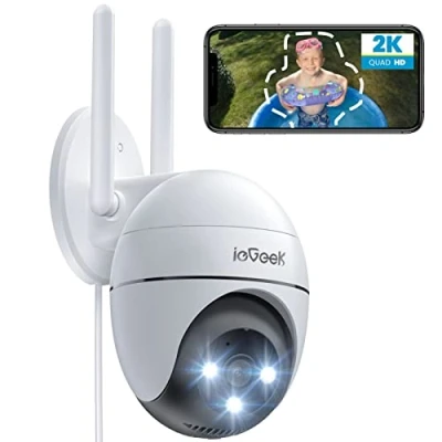 Imagen de ieGeek 2K Camara Vigilancia WiFi Exterior con Eléctrico, PTZ 355, Detección de Humano, Seguimiento Automático, Visión Nocturna Color, Alarma Luz y Sonido, Grabación Continua, Compatible Alexa
