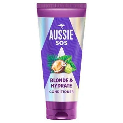 Imagen de Aussie SOS Blonde &amp; Hydrate Acondicionador 200ml Para Pelo Decolorado, Con Mechas Y Canas. Desenreda Suaviza Mientras Proporciona Hidratación Al Cabello Rubio Canoso Propenso A La Sequedad