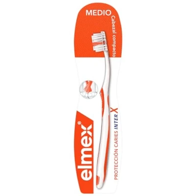 Imagen de Elmex InterX Protección Caries Cepillo de Dientes Dureza Media, Limpieza Completa en los Espacios Interdentales, Cabezal Compacto para Llegar a las Zonas Difícil Acceso, 1 unidad