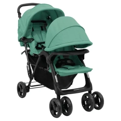 Imagen de vidaXL Carrito para Gemelos Cochecito Sillita Gemelar Silla de Paseo Canasta Niños Reposapiés Ajustable Dosel Plegable Tándem Verde Acero